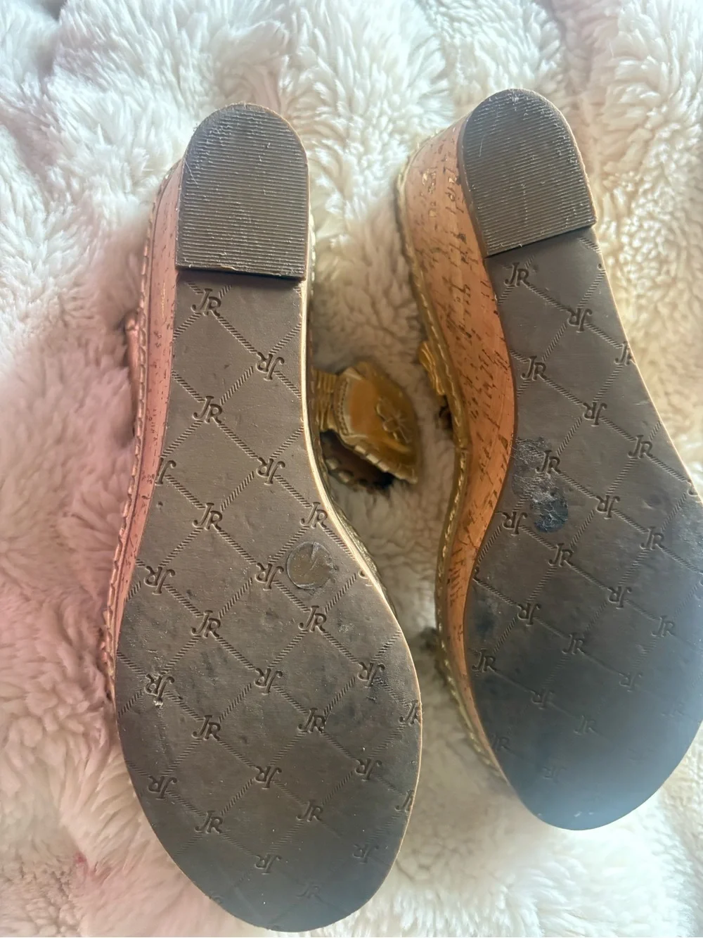 Jack Rogers Gold Wedge Sandals with Whipstitch Floral Appliqué